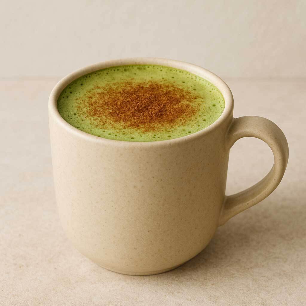 A creamy hot matcha latte served in a neutral mug, topped with a dusting of warm cinnamon spice.