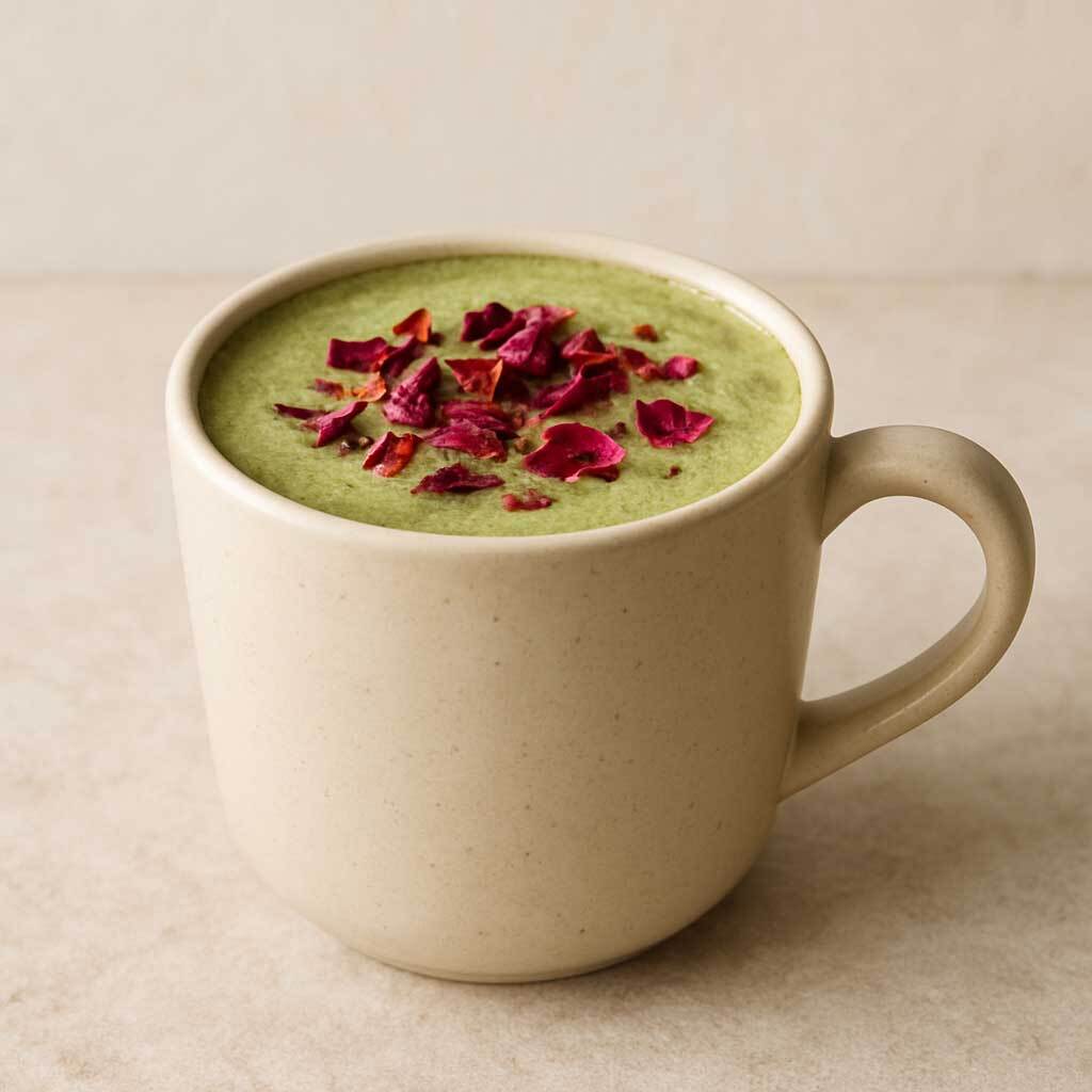 A hot matcha latte made with coconut milk, served in a beige mug and topped with pink rose petals for a floral finish
