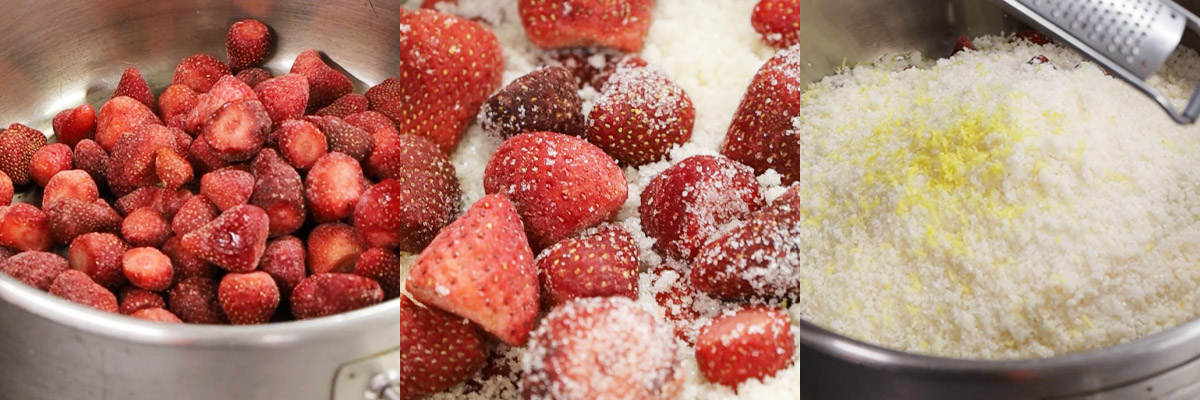 Jam making with frozen strawberries, jam sugar and lemon