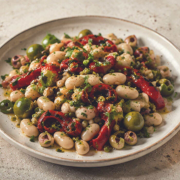 Mediterranean-Giant-Bean-Salad-with-Gordal-Olives-&-Roasted-Peppers