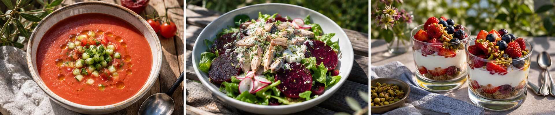 Smoked-Mackerel,-Beetroot-&-Horseradish-Salad,-Vanilla-&-Berry-Yoghurt-Sundaes-&-Peach,-Burrata-&-Prosciutto-Platter