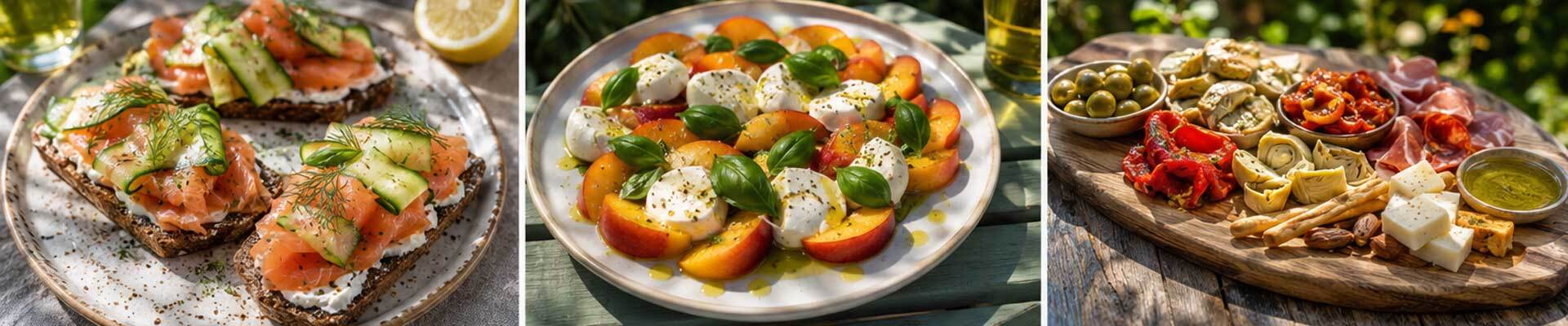 Smoked-Salmon-&-Pickled-Cucumber-Rye-Open-Sandwiches,-Peach,-Mozzarella-&-Basil-Salad-&-Italian-Antipasti-Sharing-Board